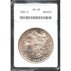 1893 S$1 MS63 ANACS. A highly lustrous and lightly toned example of this scarcer P-mint Dollar from.