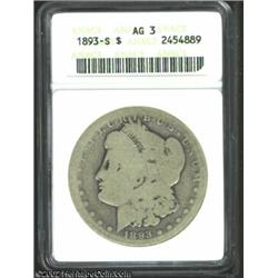 1893-S S$1 AG3 ANACS. The motto LIBERTY is still boldly defined, yet the rims have been worn smooth.