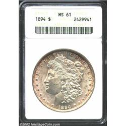 1894 S$1 MS61 ANACS. Sharply defined throughout, the surfaces are mostly untoned with scattered gold