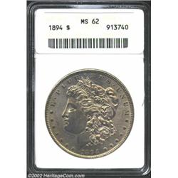 1894 S$1 MS62 ANACS. Fully struck, and scarce as such, the obverse is toned a rich olive-green while