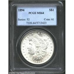 1894 S$1 MS64 PCGS. This lovely near-Gem possesses thick, frosty luster, and is nearly completely br