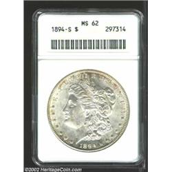 1894-S S$1 MS62 ANACS. The margins have speckles of lemon patina. A sharply struck and lustrous repr