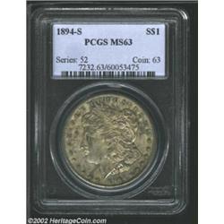 1894-S S$1 MS63 PCGS. Pleasing mint luster emerges from the rich electric-blue, golden-brown, and la