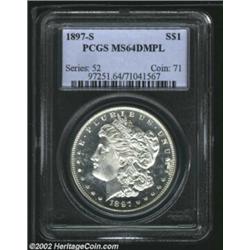 1897-S S$1 MS64 Deep Mirror Prooflike PCGS. A brilliant and exquisitely struck near-Gem that has imp