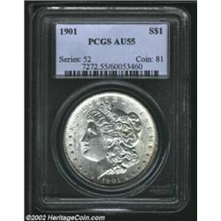 1901 S$1 AU55 PCGS. The cartwheel luster is not far from complete, and the centers have just a whisp