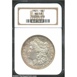 1901 S$1 AU58 NGC. Very lightly worn surfaces are covered by a milky haze with golden accents at the