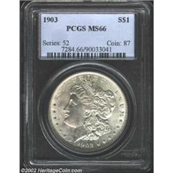 1903 S$1 MS66 PCGS. Satiny in sheen, the fully lustrous surfaces are silver-gray in appearance save.