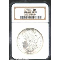 1921 S$1 MS66 NGC. Frosty-white with shimmering fields and sparing, minimally offensive surface mark