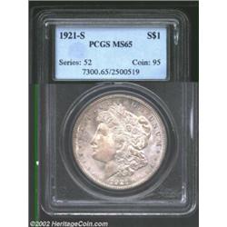 1921-S S$1 MS65 PCGS. Evenly toned with lilac patina, save for a blush of gold color in the lower re