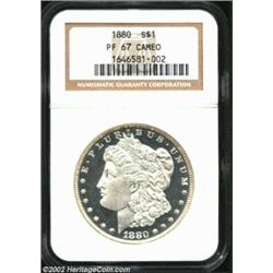 1880 S$1 PR67 Cameo NGC. This completely brilliant Superb Gem Proof is nicely contrasted with shimme