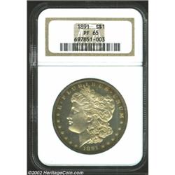 1891 S$1 PR65 NGC. Warm olive-orange patina blankets smooth, expertly preserved surfaces. The toning