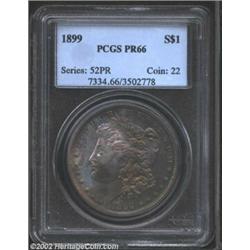 1899 S$1 PR66 PCGS. The otherwise even endowment of olive-copper toning on the obverse yields to lil