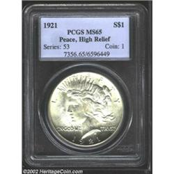 1921 S$1 MS65 PCGS. Untoned and quite frosty, with a bright, satiny sheen of equal vibrancy on obver