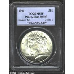 1921 S$1 MS65 PCGS. Untoned and quite frosty, with a bright, satiny sheen of equal vibrancy on obver