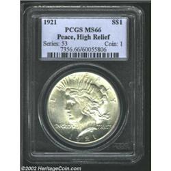 1921 S$1 MS66 PCGS. An exceptional 1921 Peace Dollar. The mint luster is bright and very thick over.