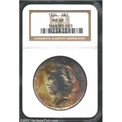 1924 S$1 MS65 NGC. A lovely specimen with full frosty mint luster beneath attractive and unusual iri