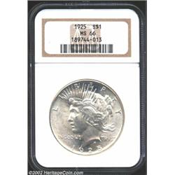 1925 S$1 MS66 NGC. An impressively lustrous Gem that has a bold strike and immaculate preservation..