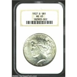 1927-D S$1 MS65 NGC. Substantial luster graces both sides of this well-struck Gem. Light wisps of to