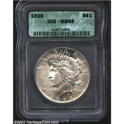 1928 S$1 MS65 ICG. One of several high grade '28-P Silver Dollars in this sale, this satiny Gem is b