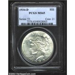 1934-D S$1 MS65 PCGS. A highly lustrous and essentially brilliant Gem. The central hair curls of Lib