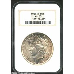 1934-D S$1 MS65 NGC. The contact marks that account for the grade do little to detract from the cent