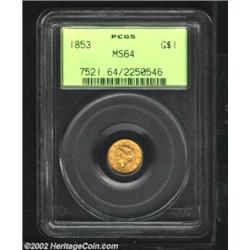 1853 G$1 MS64 PCGS. Thick mint luster and only modestly abraded with a couple of tiny luster breaks.