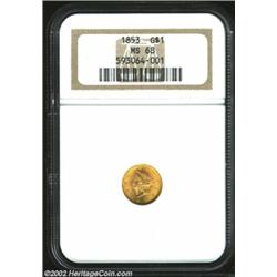 1853 G$1 MS68 NGC. Produced in staggering numbers for the era, the 1853 (4 million pieces struck) is