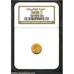 1854 G$1 Type One MS62 NGC. This is a crisply detailed example with pleasing orange-gold color. Ther