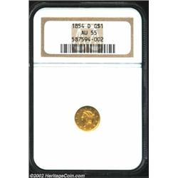 1854-D G$1 AU55 NGC. A date that is typically encountered in VF or XF grades, the 1854-D has an exta