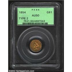 1854 G$1 Type Two AU50 PCGS. Richly accented in russet, rose, and steel-blue shades, with unusually.