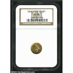 1854 G$1 Type Two AU58 NGC. Good luster remains, but the surfaces are slightly marred by die clashin