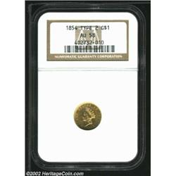 1854 G$1 Type Two AU58 NGC. Good luster remains, but the surfaces are slightly marred by die clashin