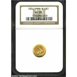 1854 G$1 Type Two AU58 NGC. Some lack of detail is a result of weak striking characteristics rather.