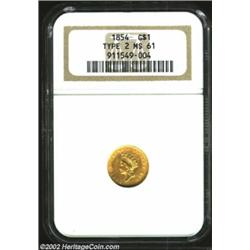 1854 G$1 Type Two MS61 NGC. A BU quality Type Two Gold Dollar, both sides are above average in strik