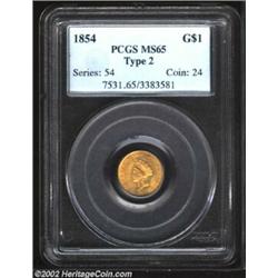 1854 G$1 Type Two MS65 PCGS. Generally only located in AU or lower grades, any Mint State Type Two G