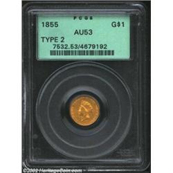 1855 G$1 Type Two AU53 PCGS. A pleasing gold dollar with die clashing evident on the reverse. Import