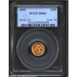 1855 G$1 Type Two MS62 PCGS. Devoid of singularly mentionable abrasions, the golden-rose surfaces ar