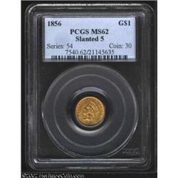 1856 G$1 Slanted 5 MS62 PCGS. Sharply defined in most areas, the mostly orange-gold surfaces reveal.