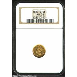 1857-D G$1 AU58 NGC. Winter 9-K, the only known dies. Far better preserved than the typically offere