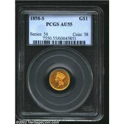 1858-S G$1 AU55 PCGS. A conditionally scarce San Francisco issue of just 10,000 pieces. This example