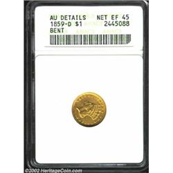 1859-D G$1--Bent--ANACS. AU Details, Net XF45. An above-average strike for this difficult D-mint Gol