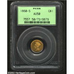 1860-S G$1 AU50 PCGS. Deeply colored in rich orange hues with substantial detail and terrific eye-ap