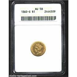 1860-S G$1 AU58 ANACS. A scarce mintmarked gold dollar with an impressively low mintage of only 13,0