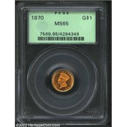 1870 G$1 MS65 PCGS. An attractive example, frosty luster thins to modest, yet appreciable brightness