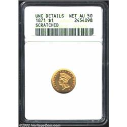 1871 G$1--Scratched--ANACS. Unc. Details, Net AU50. Well detailed with abundant luster remaining. A.