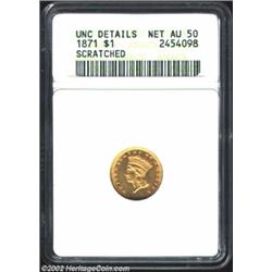 1871 G$1--Scratched--ANACS. Unc. Details, Net AU50. Well detailed with abundant luster remaining. A.