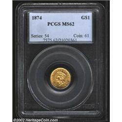 1874 G$1 MS62 PCGS. A common date in the gold dollar series that is bright and possesses full, satin