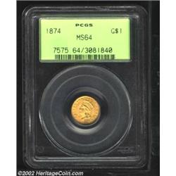 1874 G$1 MS64 PCGS. Untoned with full, frosty luster and a very pleasing appearance. Important notic