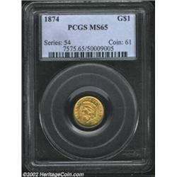 1874 G$1 MS65 PCGS. Creamy-golden luster is present on this seemingly perfect specimen. Important no