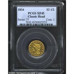 1834 $2 1/2 Classic XF45 PCGS. Breen-6138, Small Head, R.2. Boldly struck for the type, with general